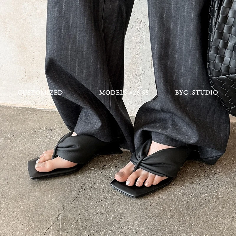 2026 new summer women sandals natural leather plus size 22-25.5cm soft heepskin split toe mules pleated high heel women slippers view 3
