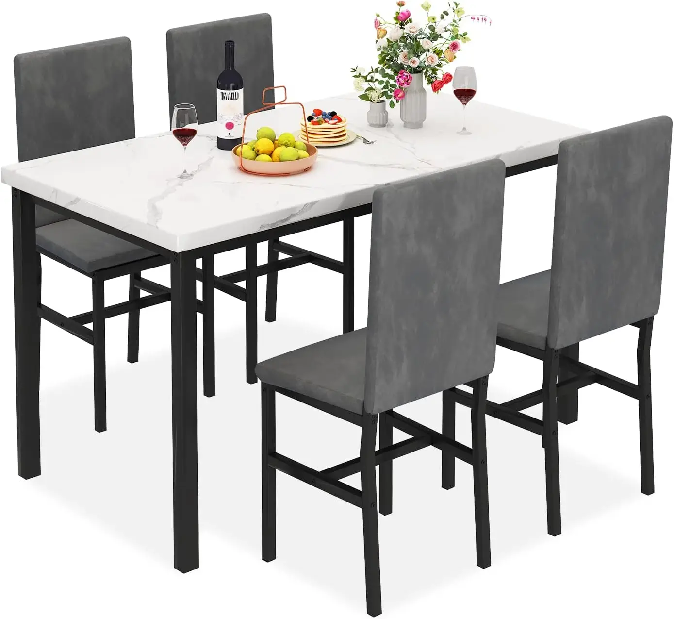 Miere Eettafel Set Voor 4, 5-delige Marmeren Diningtableset Met 4 Fluwelen Metalen Frame Stoelen Voor Keuken, Bar, Woonkamer