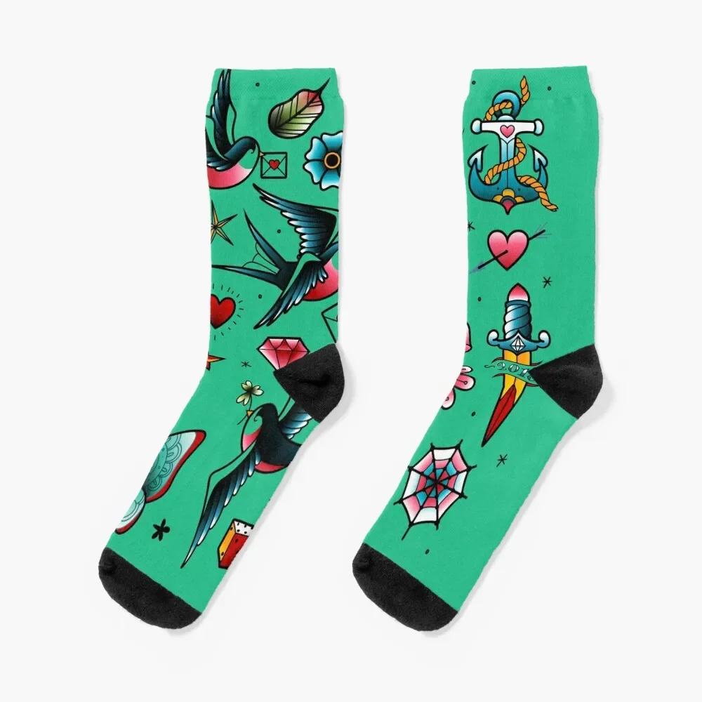 

Old school tattoo stickers of swallows, diamonds, heart, rose, anchor Socks hip hop tennis short snow Socks Women Men's