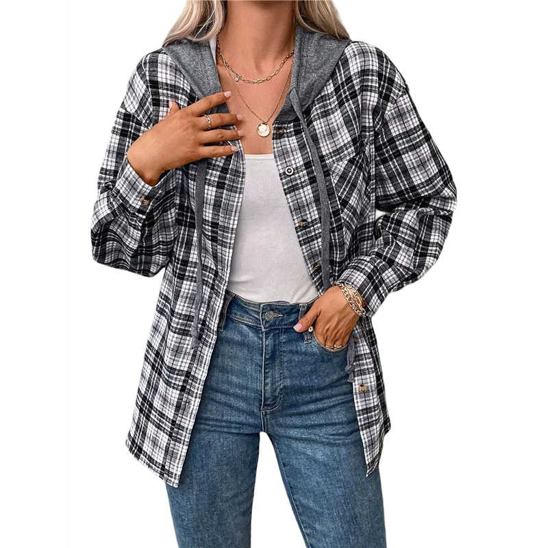 

ABRT-Women's Buffalo-Plaid Hoodie Long Sleeve Jacket Button Drawstring Casual Fall Shirts With Pocket