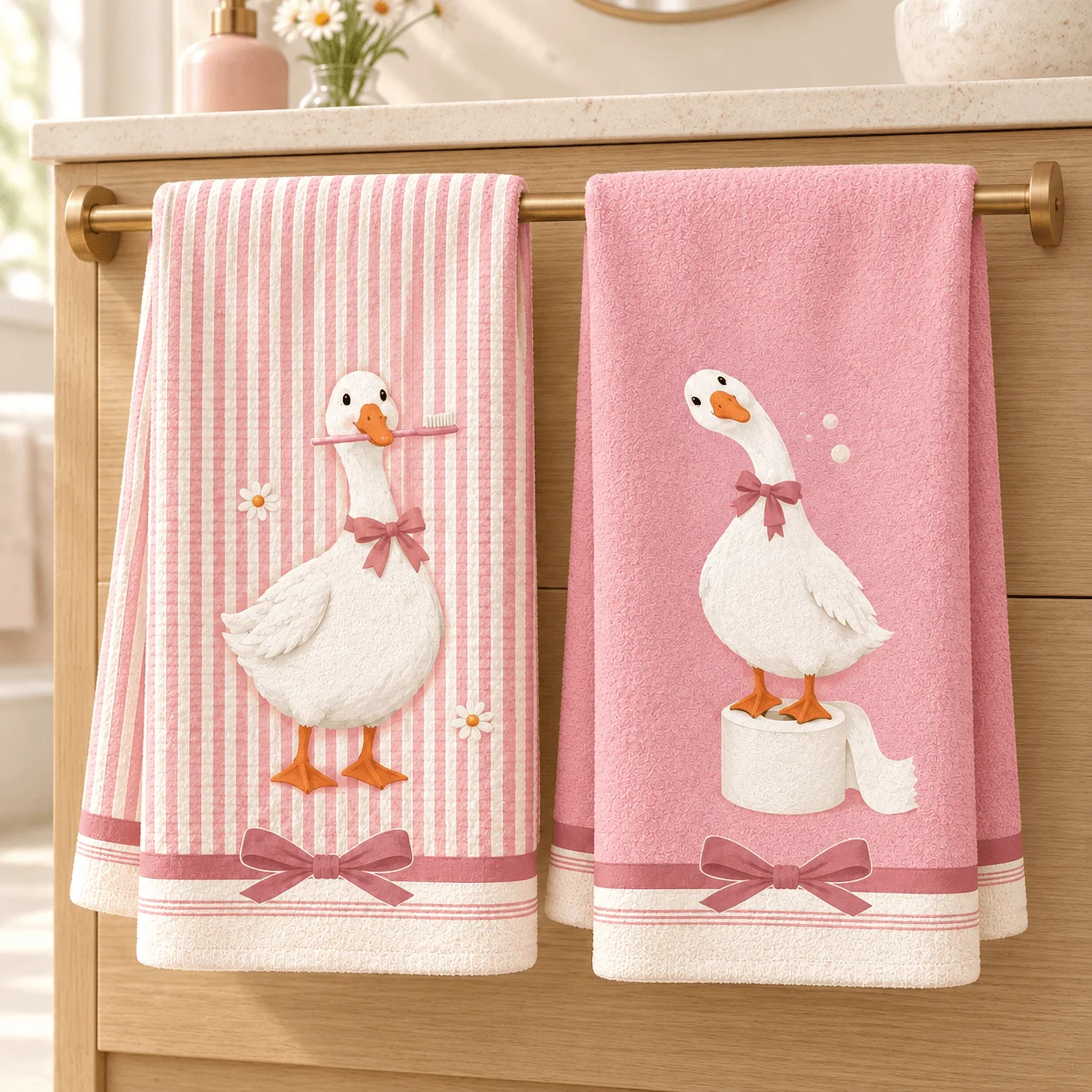 2 towels, and the bathroom should also be cute! Polyester material, pink and white stripes with pure foundation