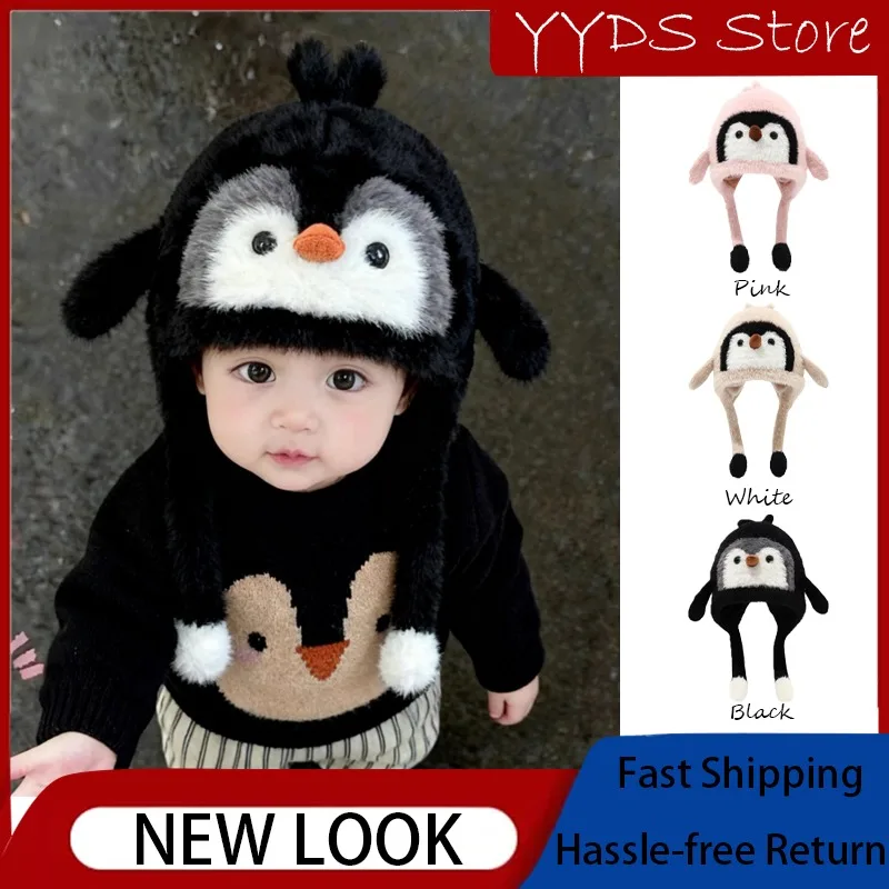 

Winter Penguin Hat - Thick Plush Warm Earflap Beanie, Unisex Toddler Knit Headwear for Boys & Girls