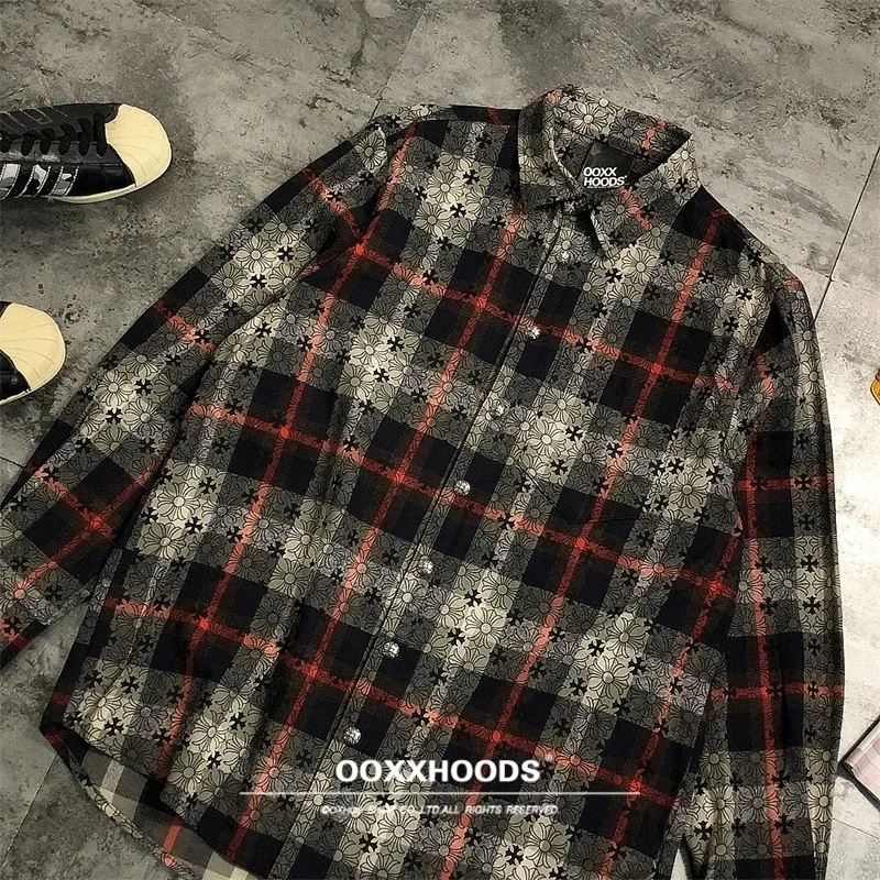 

Премиум-качество, 100% хлопок, специальный цвет, узор с перекрестными полосами, металлические пуговицы, рубашка в уличном стиле, с воротником, длинными рукавами, свободного кроя.