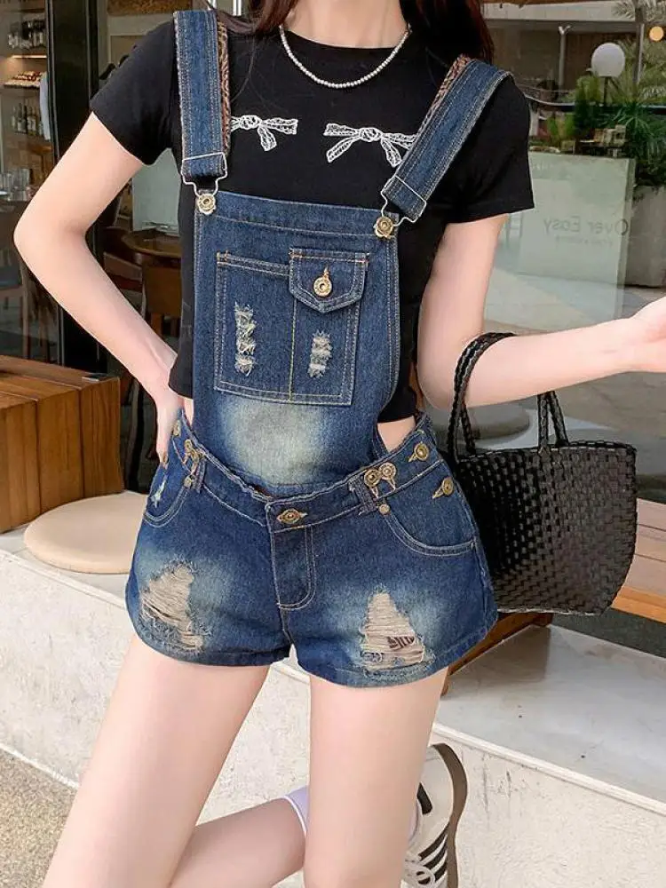 ヴィンテージ女性ブルーデニムスリムホリデーショーツジャンプスーツ夏のレディース多用途ストレートジーンズショートロンパースカジュアルストリートシック