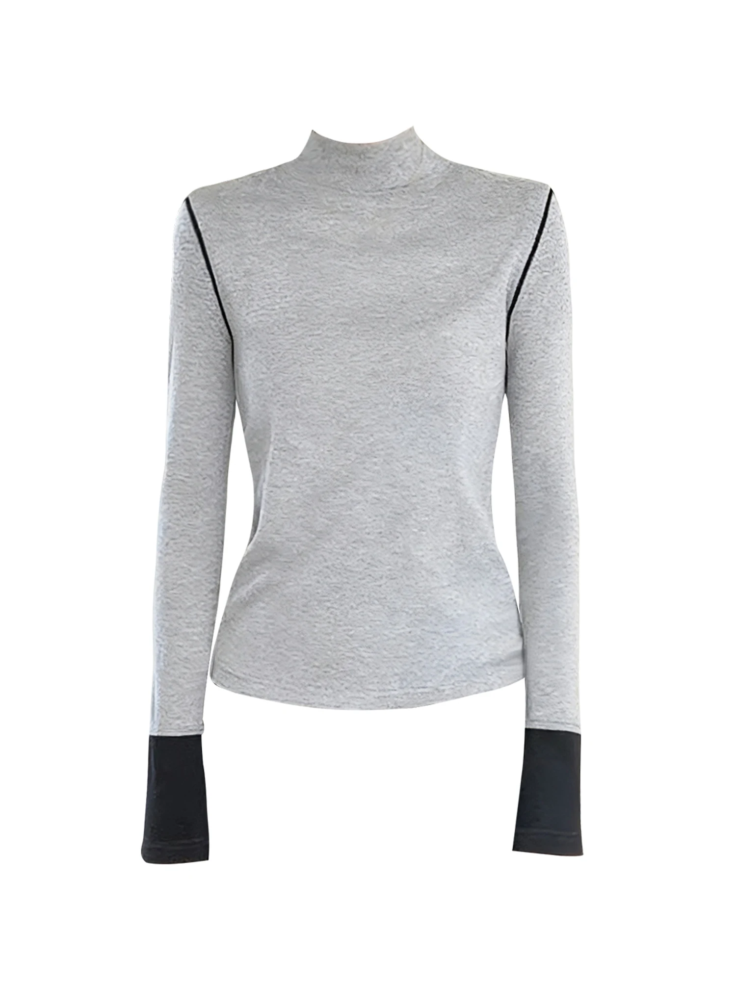 Women Grey Turtleneck T-shirt Y2k Gyaru Tee Top 2000s Vintage Fashion Long Sleeve Aesthetic T-shirts Clothes Spring Autumn 2025