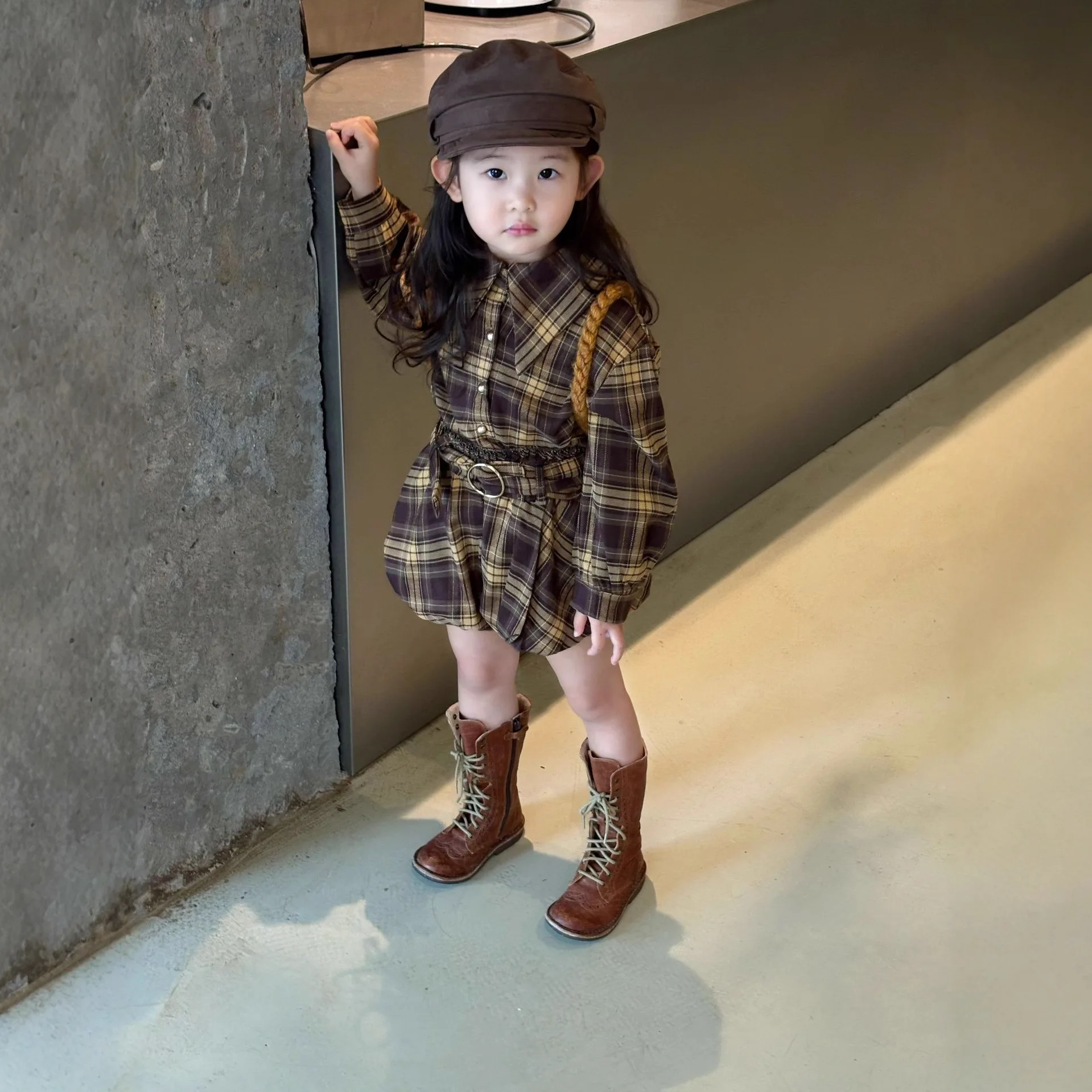 Girls Set 2026 Korean Edition Autumn New Checkered Shirt with Lantern Skirt Two Piece Set Elegant and Stylish Daily Wear