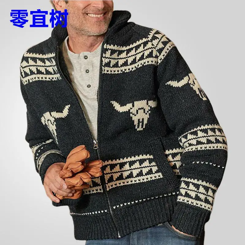 

Новый мужской кардиган на молнии с длинными рукавами, вязаный свитер, осенне-зимняя кофта с узором, свободный крой, повседневный стиль, для молодежи