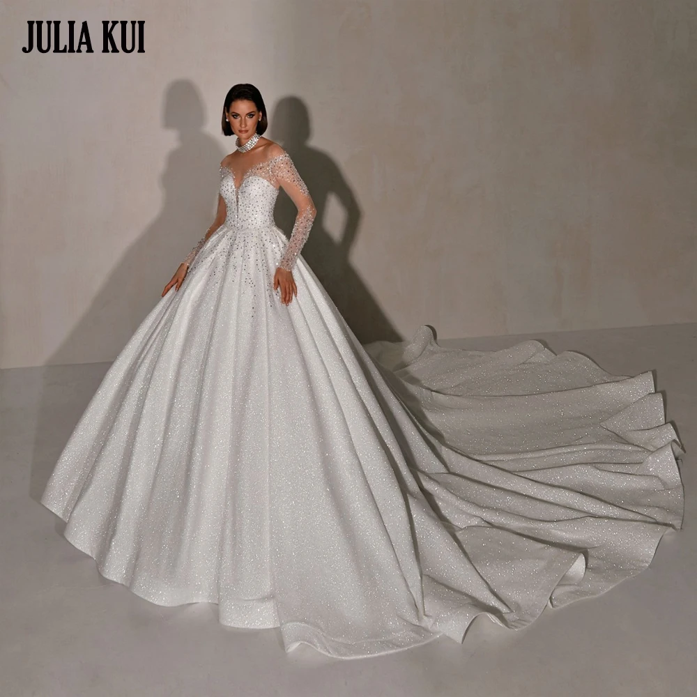 ג 'וליה קוי מותאם אישית עשה האשליה המבריקה שמלות כלה שמלות כלה עם שרוולים מלאים חצר שמלת כלה עם שרוולים מלאים חצר שמלת כלה