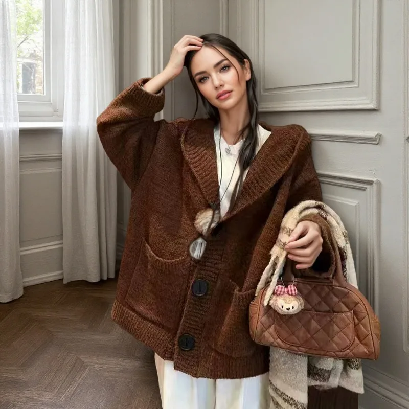 Kardigan Rajut Kasual Musim Gugur dengan Saku, Sweater Wanita Baru Musim Dingin Kerah V Lengan Panjang Longgar, Rajutan Warna Solid Elegan