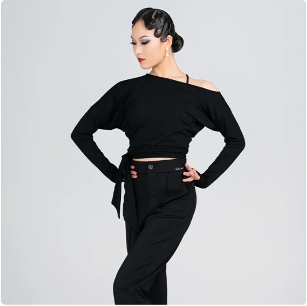 Off-Shoulder Latin Dance Tops Adult Loose Practice Wear Samba Rumba Dancewear Black Pants Tango ChaCha Dancing Clothes