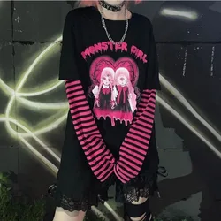 Harajuku Y2K T-shirt Women Japanese Horror Comics Twins Print Stripe Long Sleeve Tee Shirt Fake 2 Pieces Top Hip Hop Streetwear