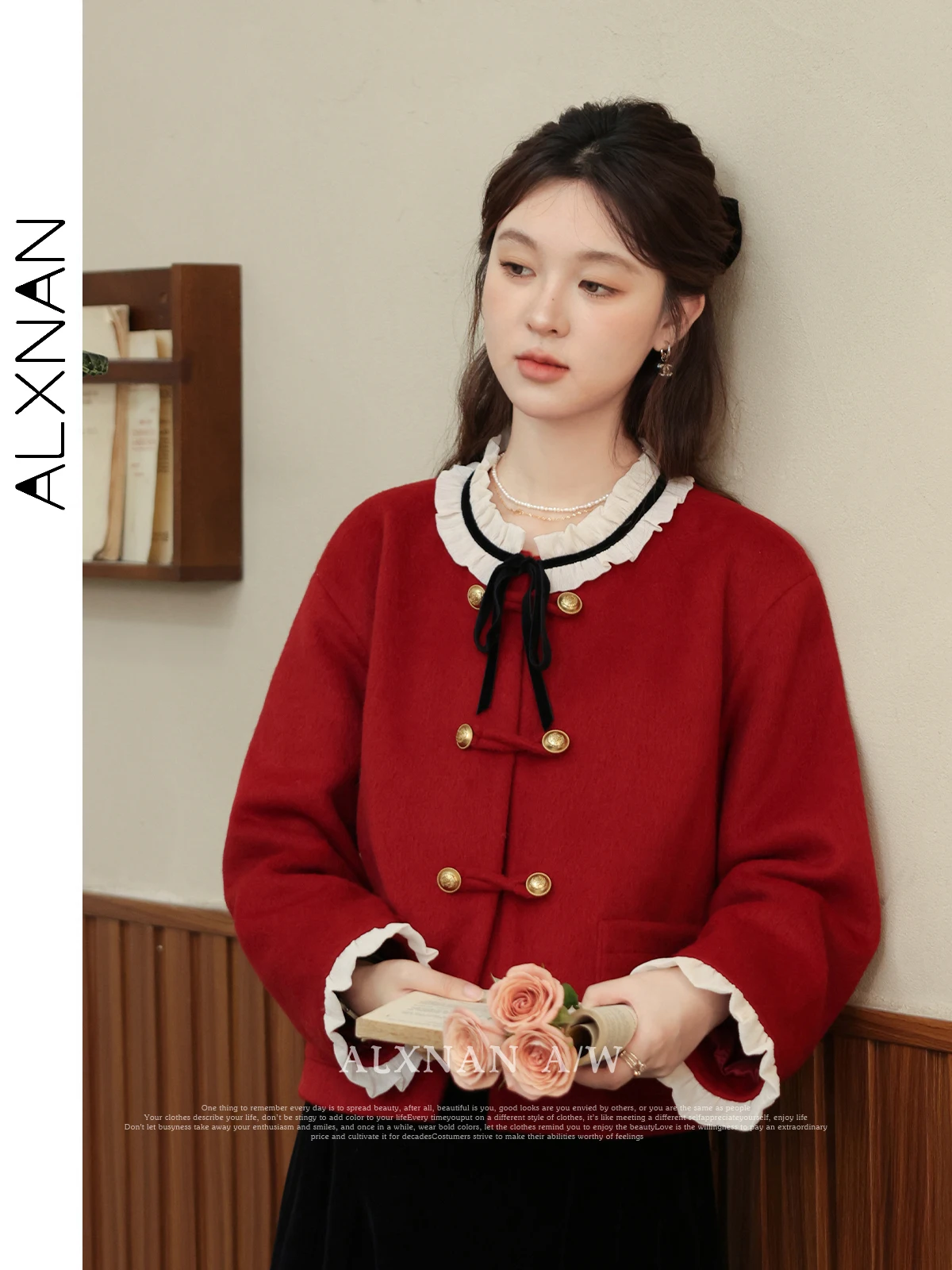 

ALXNAN Round Neck Patchwork Coat Straight Double Breasted Elegant Outerwears & Coats 2024 Autumn Winter Woman Clothes L33071