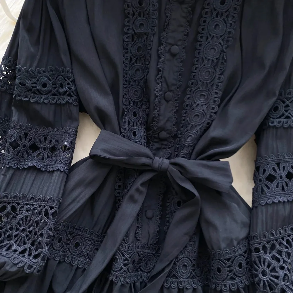 Abito estivo elegante con maniche a lanterna PATCHWORK in pizzo ritagliato retrò a-line abiti da donna per le vacanze con ricamo