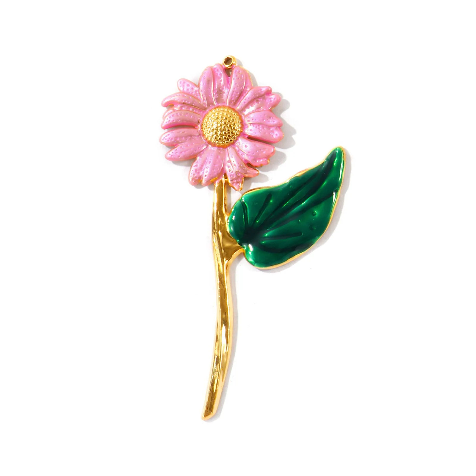 1 Stück Emaille-Gänseblümchen-Stiel-Anhänger aus 304 Edelstahl, 18K vergoldet, grünes Blatt, DIY-Halskette, Schmuckherstellung, Großhandel – Detail 4