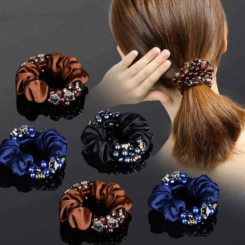 Hand Woven Elegant Ladies Pearl Flower Hair Tie Women Crystal Fabric Hair Rope Adult Ponytail Holder Hair Accessories