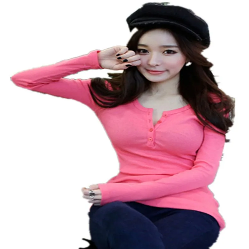 Autumn Women Ribbed Long-Sleeve T-Shirt Ladies Button Slim Fit Base Shirt Girl Casual Top Woman Slimming Outerwear Base Shirt