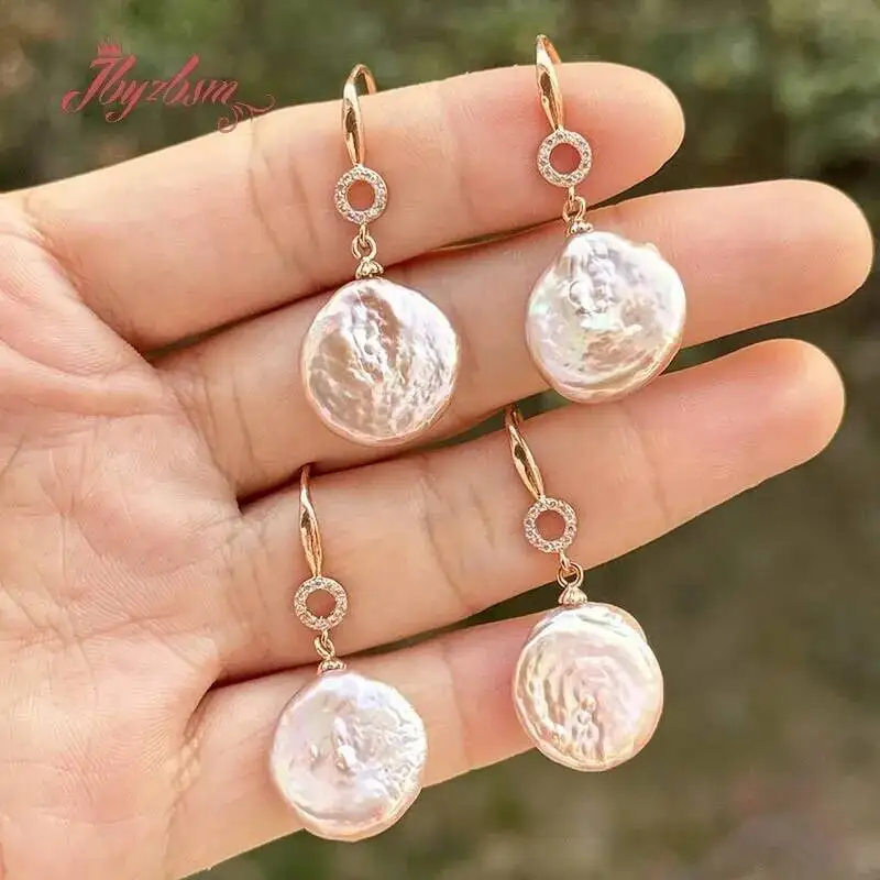 13-14mm Coin Cultured Keshi Edsion Freshwater Pearl Natural Stone Beads For Woman Gift  Silver Plates Earrings 1 Pair