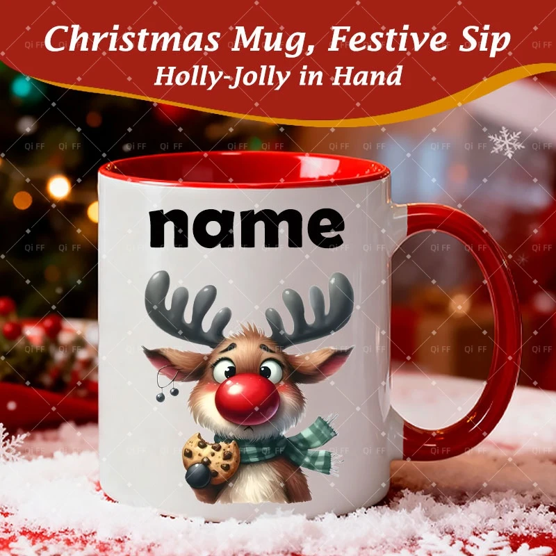 2D 1pc 11oz Personalized Custom Reindeer Christmas Mug,Christmas Home Party Use,Hand Wash Only Microwave Safe,Family Friend