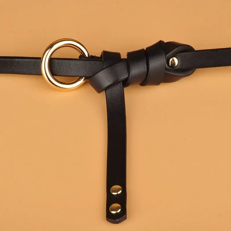 

1CM No Hole Knot Women Belt Circular Buckle Cowskin Real Genuine Leather Belt Decoration Thin Strap Female Belts Cummerbunds