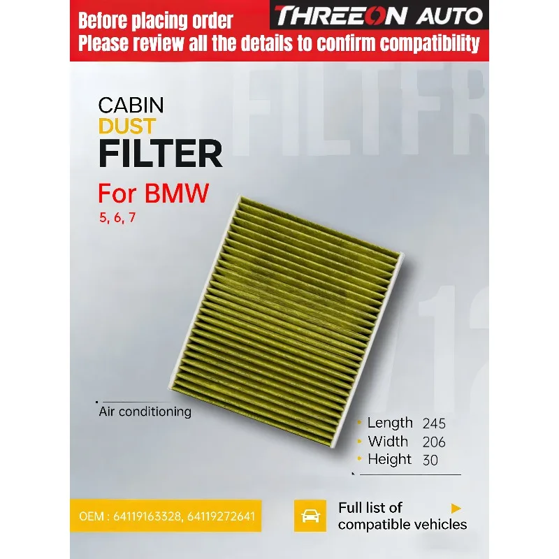 

For BMW 5(F07 F10 F11) 6(F12 F13 F06) 7(F01 F02 F03 F04) THREEON Activated Carbon Cabin Air Filter TOC8020P 64119272642 CF11220