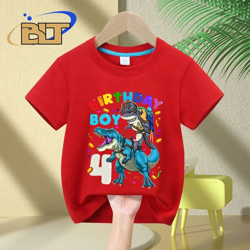 4th Birthday Dinosaur T Rex Shark Print Kids T-shirt Summer Cotton Short Sleeve Boys Girls Birthday Gift