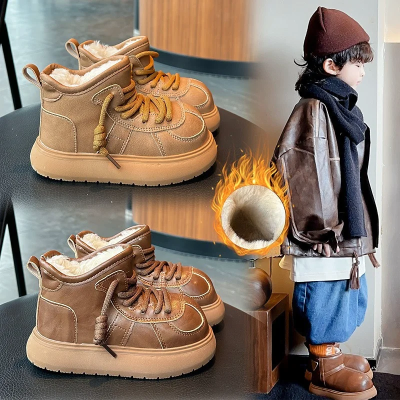 

Children's Velvet Thickened Retro Comfortable Snow Boots Winter New Boy Girl Big Head Thick Sole Warm Footwear Flats Size 26-38