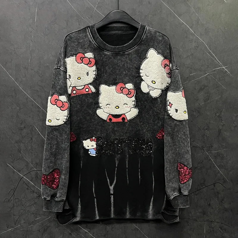 Outono indústria pesada novo dos desenhos animados reunido bordado tripulação pescoço moletom senhoras y2k solto casual estilo doce topo hoodies jaqueta