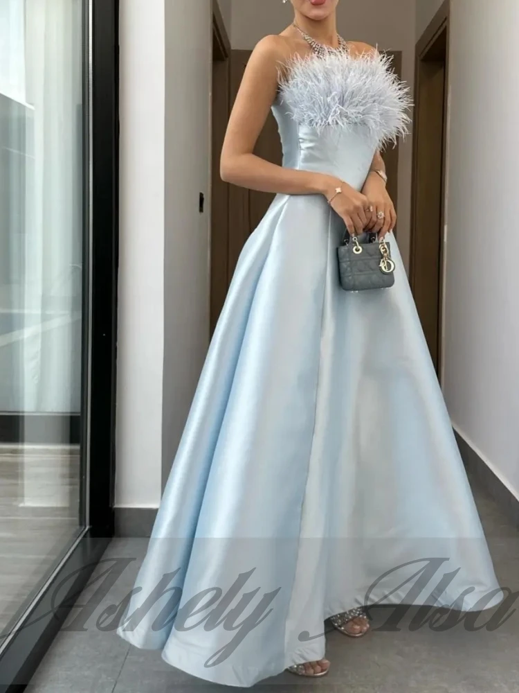 사용자 정의 우아한 여성 공식 특별 행사 드레스 깃털 새틴 라인 긴 댄스 파티 웨딩 파티 vestido de gala noche mujer