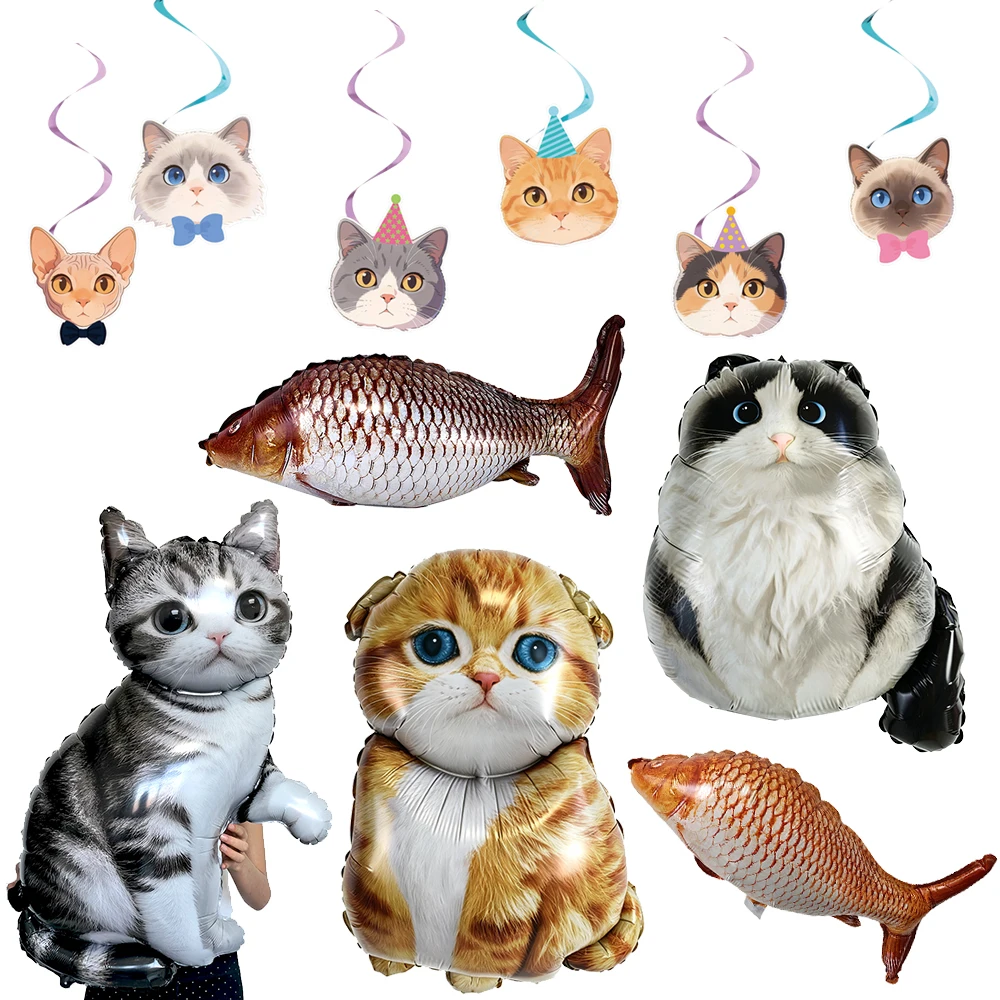 Katzen-Geburtstagsparty-Ballons, Fisch-Folienballons, Ragdoll-Katzen-Ballons, Spiral-Hängedekoration für Haustier-Katzen-Partybedarf