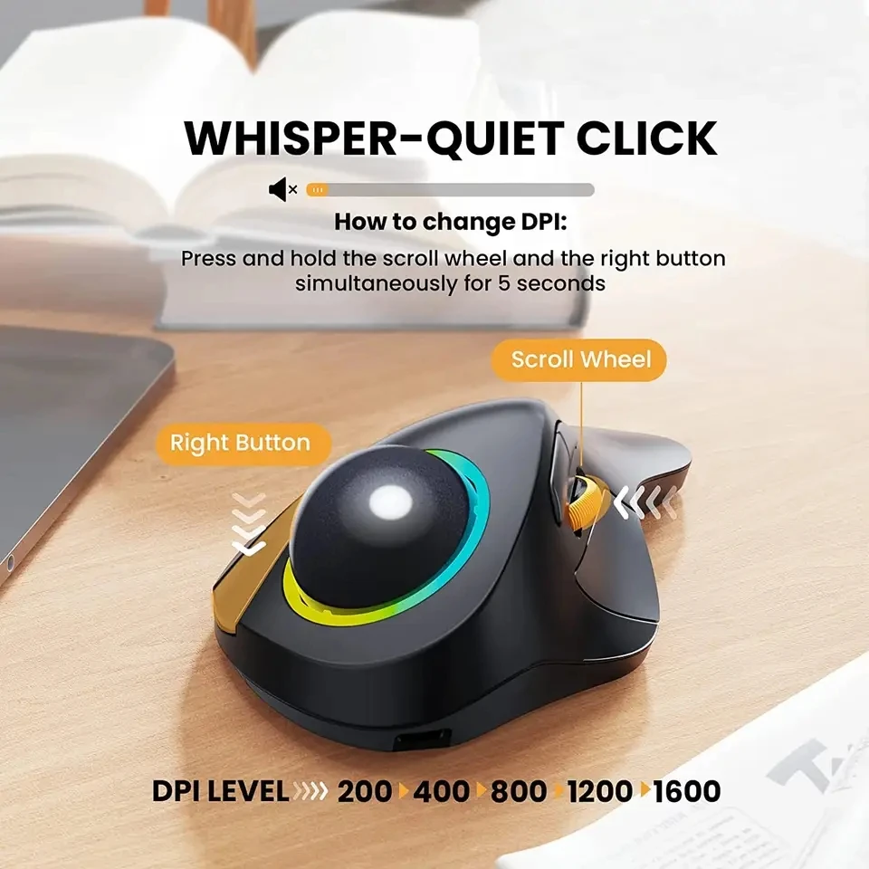 Ergonomic RGB Rollerball Mouse Rechargeable Computer Laptop Index Finger Control Wireless Bluetooth Trackball Mouse