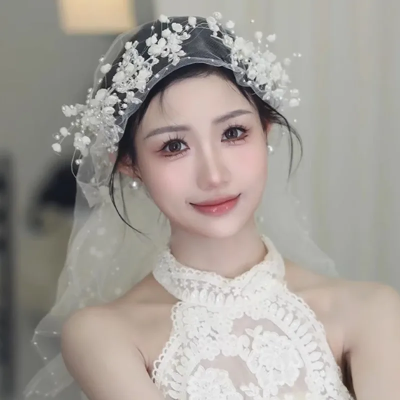 

Французская новая жемчужная кружевная шляпа с цветком, вуаль, свадебные аксессуары, ретро-фата в стиле Китайской Республики