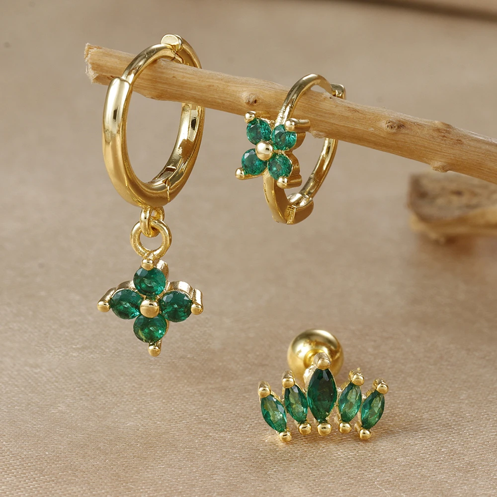 3 uds nuevos pendientes de aro de circonia de cristal verde de acero inoxidable para mujer moda hélice cartílago tachuelas joyería Piercing