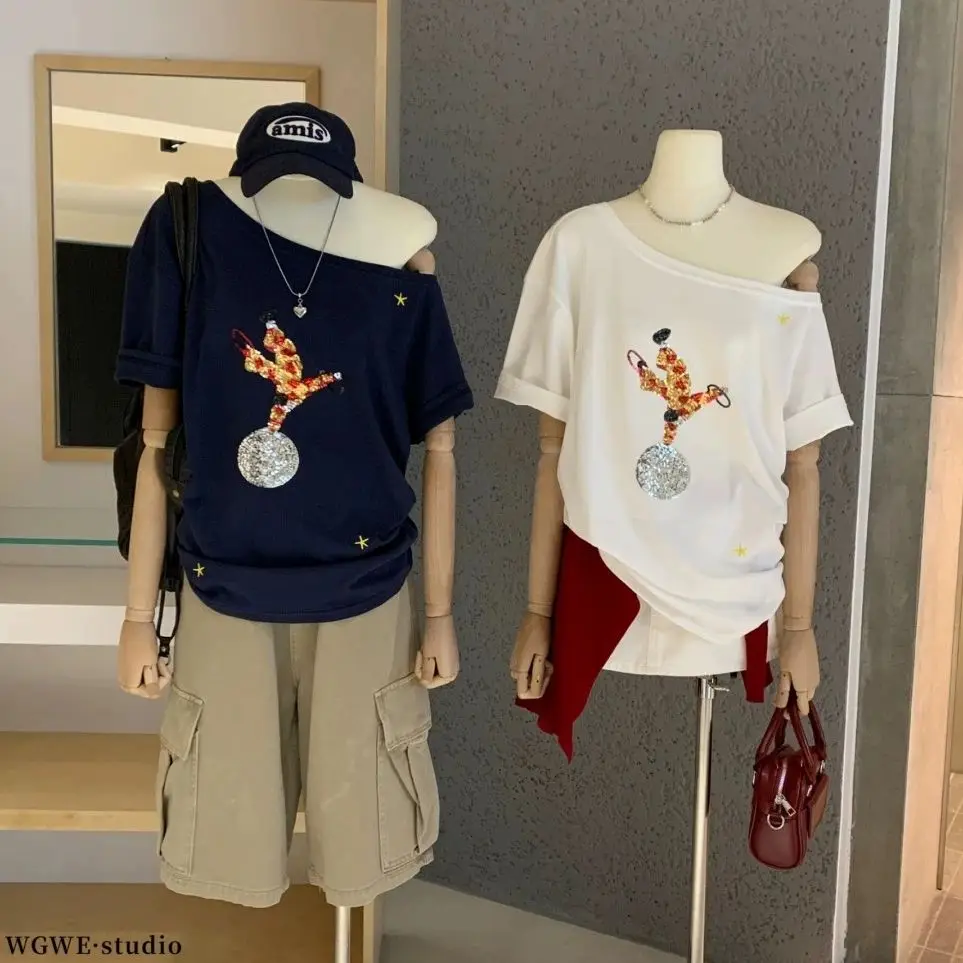 

Lyocell Tencel 2022, свободная корейская полосатая футболка с открытыми плечами и рукавами «летучая мышь», универсальный топ