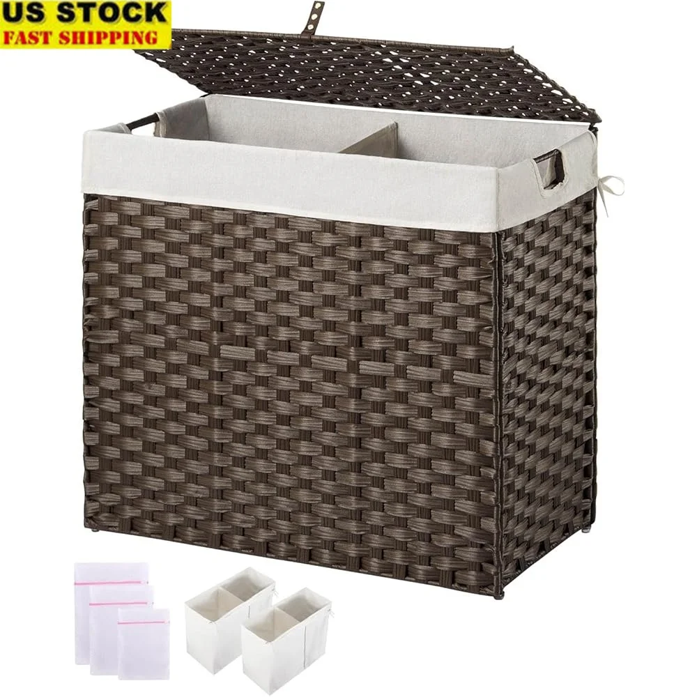 

Корзина для белья с крышкой Складная плетеная корзина 130 л Две съемные сумки-вкладыши 2 секции Водонепроницаемая Не требует установки