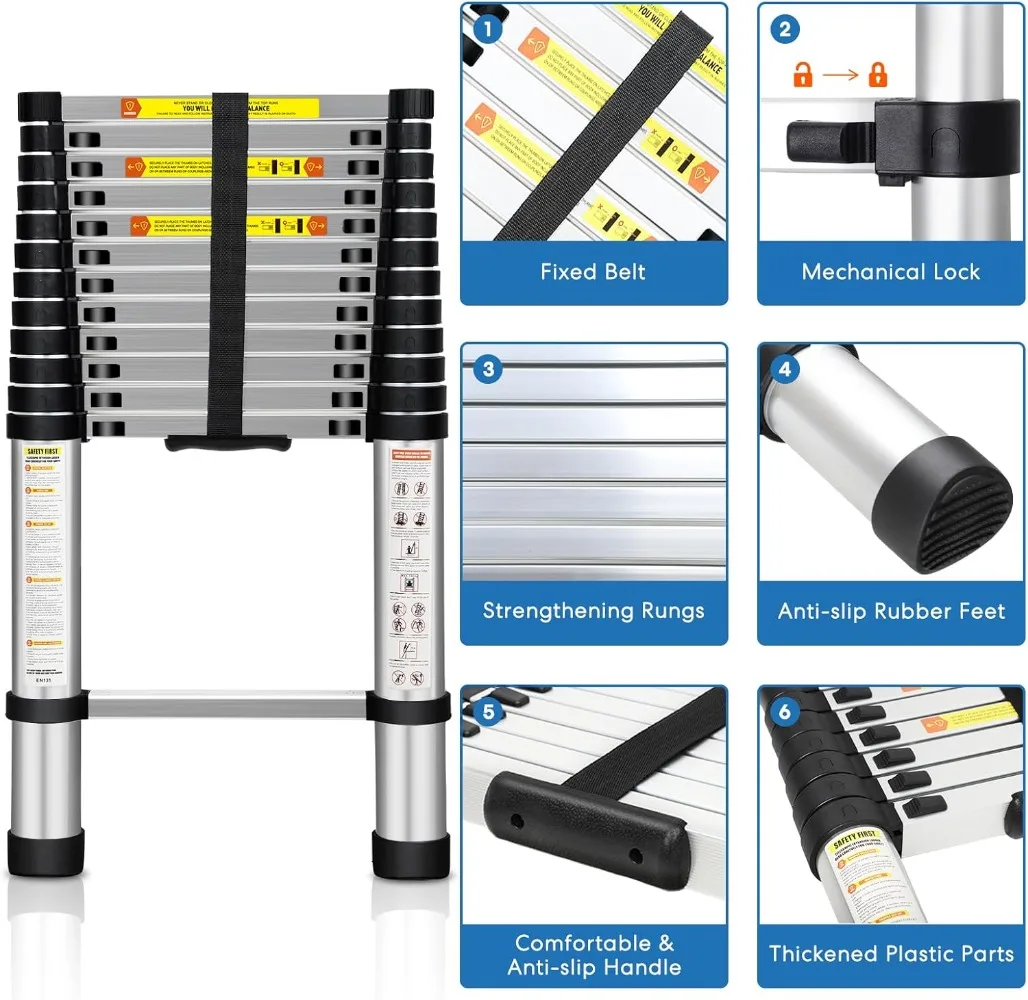 Drabina teleskopowa, aluminiowa drabina teleskopowa 12,5FT z antypoślizgowymi nóżkami, uniwersalna składana drabina do