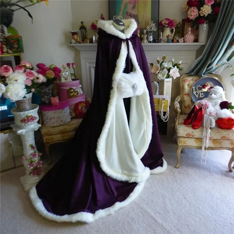 Purple winter cape, faux fur edge, wedding party hooded jacket/shawl, bridal wedding accessories image 2
