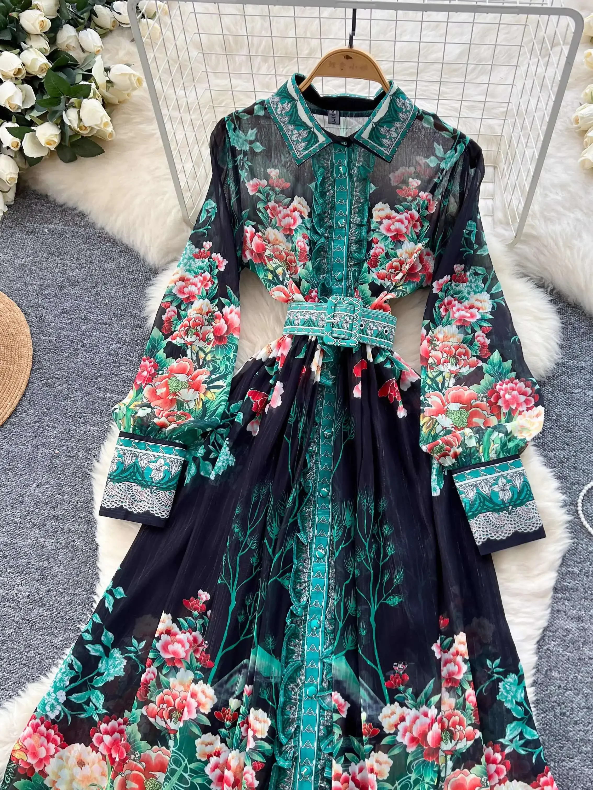 우아한 궁전 스타일 브랜드 디자이너 싱글 브레스트 긴 소매 꽃 맥시 드레스 셔츠 여성 캐주얼 프린트 쉬폰 드레스