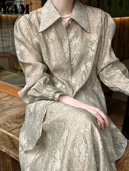 [EAM] Khaki Thin Printed Shirt Half-body Skirt Two Pieces Suit New Lapel Long Sleeve Women Fashion Spring Summer 2024 1DH5437