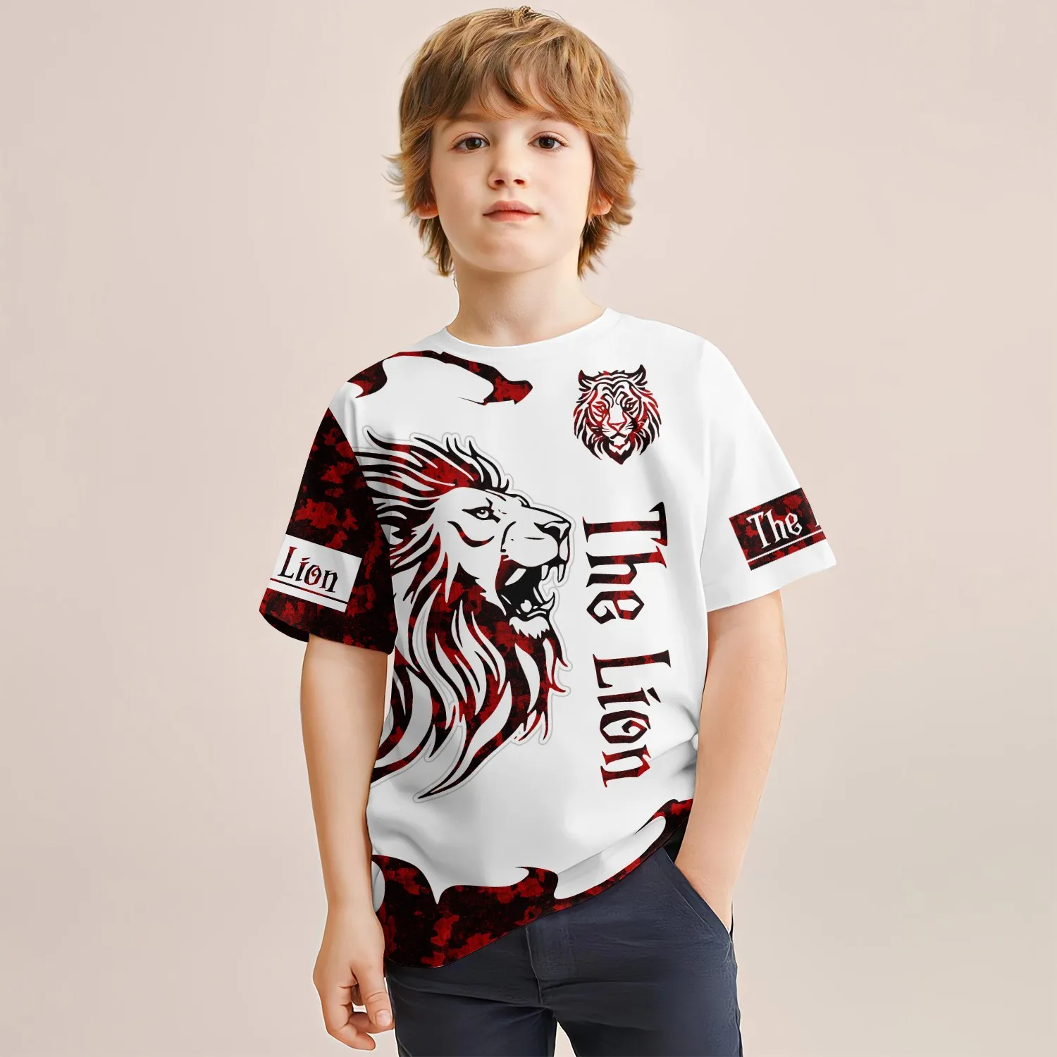 Summer New Children\'s Clothing Big Fish Lion 3d Printed Short-Sleeved T-Shirt Boys Casual Breathable Sports Tops 4-14 Years Old