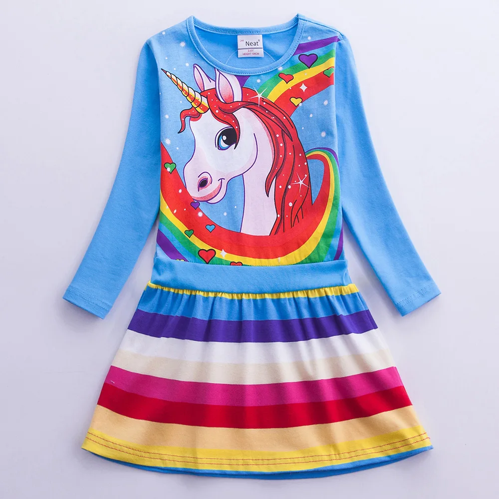 Girls\' cartoon unicorn printed long sleeved autumn cotton dress LH6219