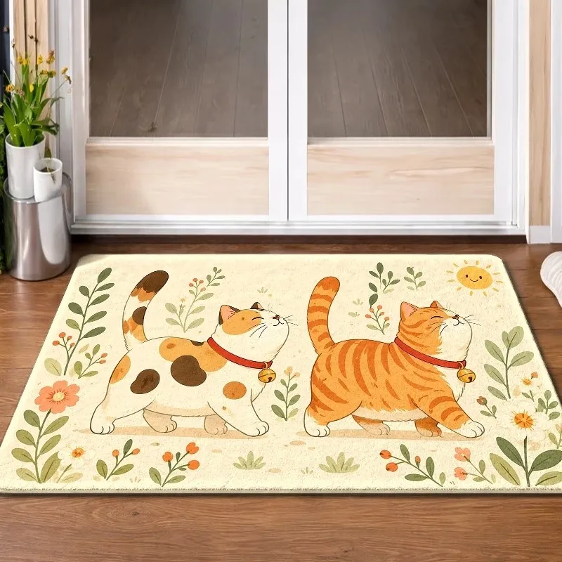 

Lovely Calico Cat Doormat Healing Tabby Cats Floral Welcome Door Mat Anti Slip Absorbent Entrance Rug Indoor Carpet Footpad