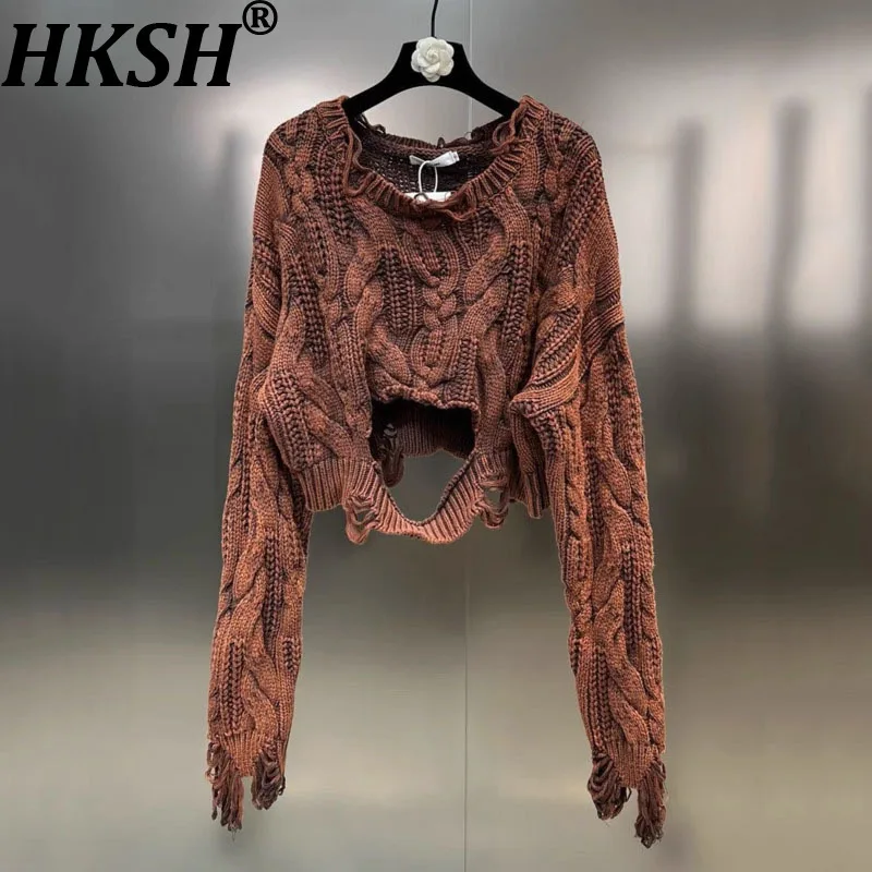 

HKSH 2022, осенне-зимний новый женский короткий свитер, пуловер с круглым вырезом и длинными рукавами, потертые уличные вязаные топы HK13756