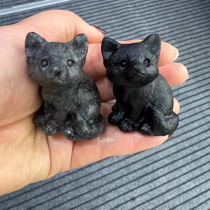 Sweet Little Natural Black Obsidian Fox Totem Gifts Adorable UV Fluorescent Emberlite Yooperlite Crystal Carved Animal Sculpture