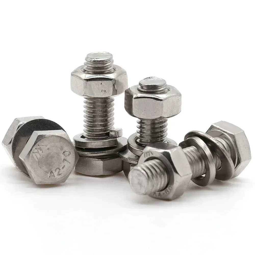 20 conjuntos de parafusos sextavados m3 m4 a2 304 aço inoxidável din933 parafuso de cabeça hexagonal arruela plana conjunto de porca de mola l = 6-30mm 8mm 10mm 12mm 16mm 20