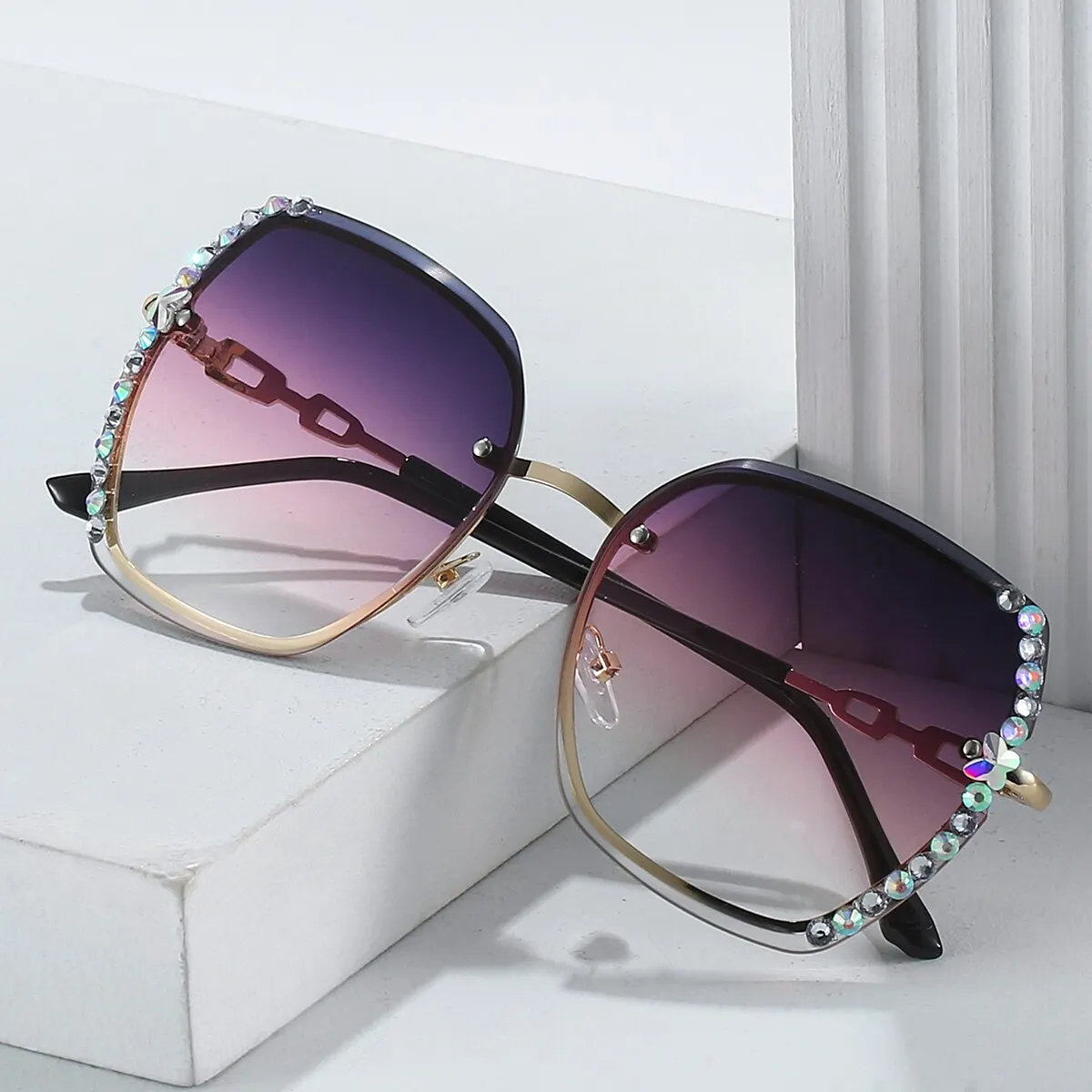 Gafas de Sol de moda sin montura de diamantes de imitación para mujer, gafas de sol con gradiente casual para verano, UV400