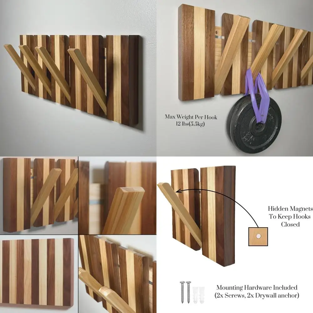 

Настенная вешалка для одежды в стиле середины века, 4 крючка, мебель для прихожей, выдвижные крючки, отделка из натурального дерева и ореха