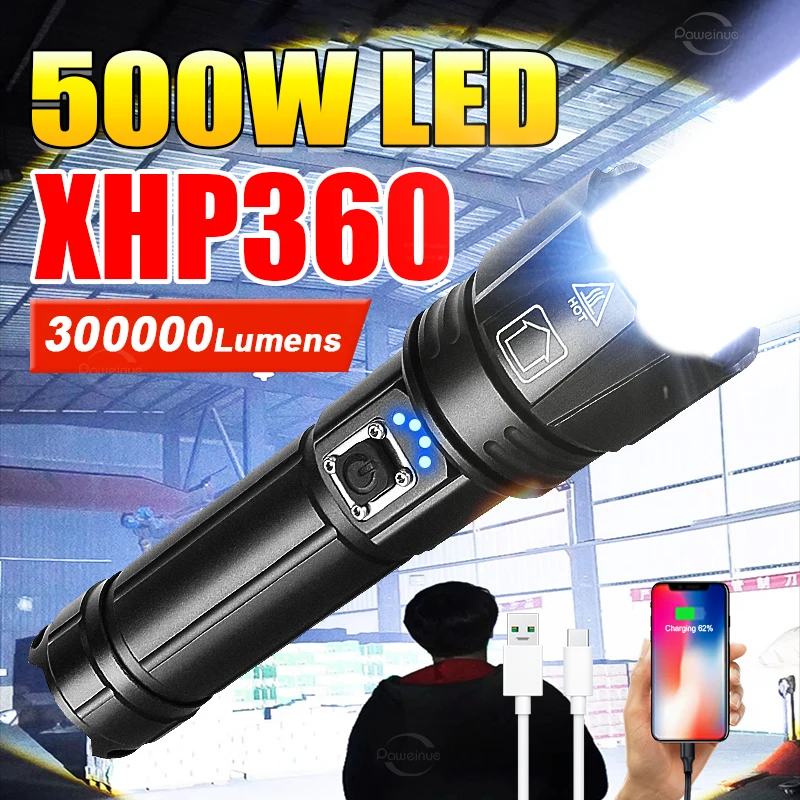 XHP360 High Power Led Flashlight 300000LM Rechargeable Powerful Flashlight 500W Ultra Powerful Torch Zoom Army Tactical Lantern