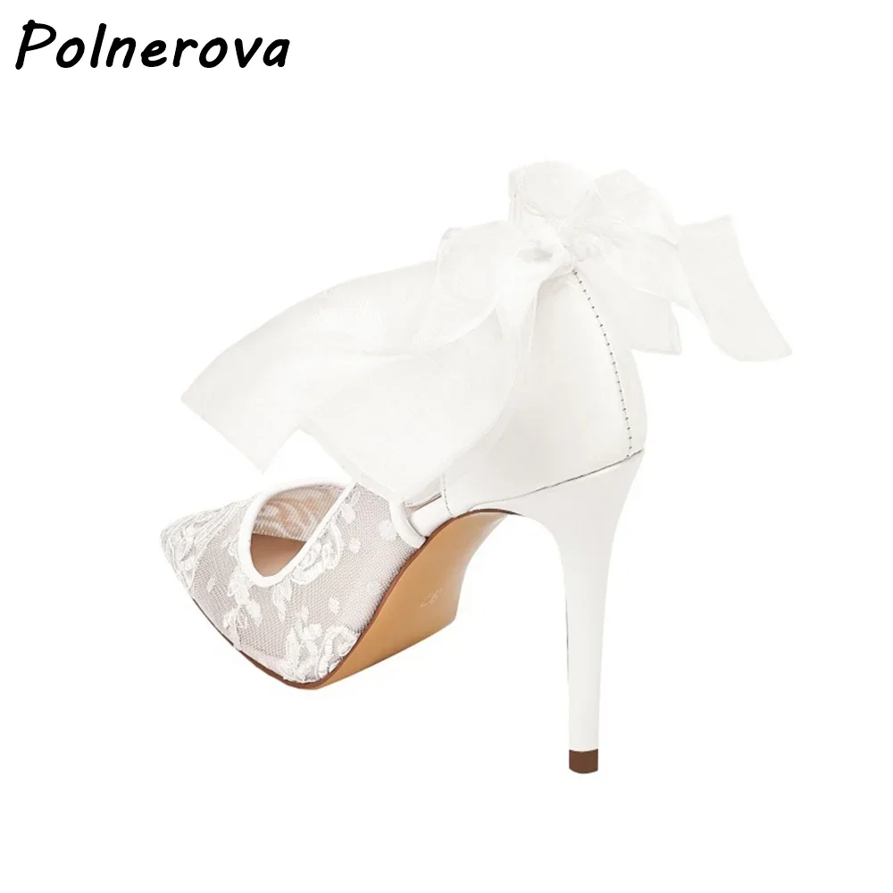 تنفس الانحناء الزفاف مضخات الدانتيل الأبيض فراشة عقدة جوفاء رقيقة الكعوب أحذية أنيقة 2025 المرأة فستان صيفي أنيق الأحذية #3