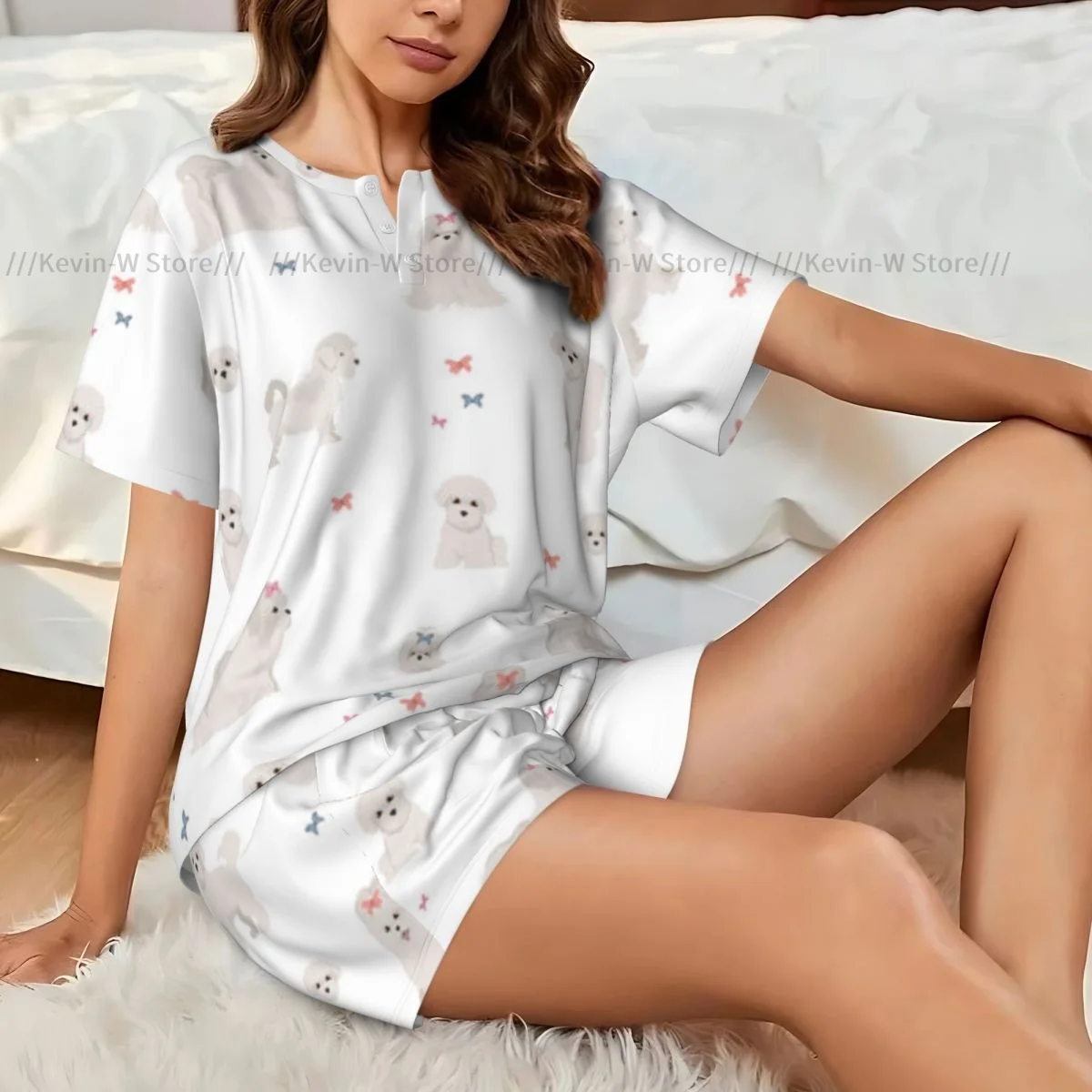 

Two piece women's pajama round neck short sleeved T-shirt Maltese Dogs Pattern casual home pajama set
