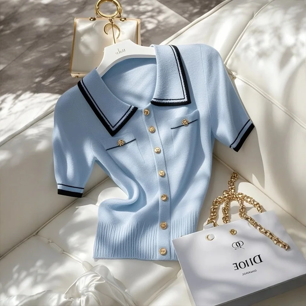 قميص نسائي صيفي أنيق بياقة بولو وأكمام قصيرة من Oule، تصميم فريد بألوان متباينة عالي الجودة ومريح وقابل للتنفس #4